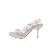 New Sandals For Women Summer Transparent PVC Rhinestone Flowers Slingback Pumps Elegant Square Toe Female Sexy High Heels